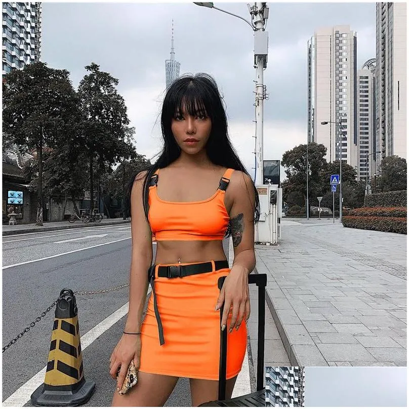two piece dress summer women neon pieces set skirt bandage crop top and tracksuit outfits streetwear 2 festival clothes