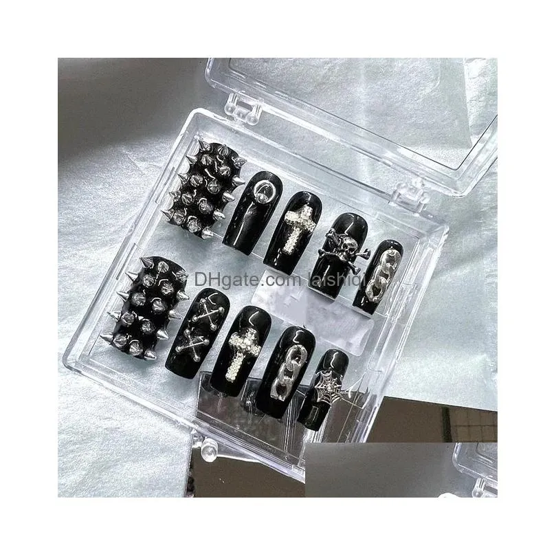 handmade y2k punk style long coffin false nails tips glitter rhinestone press on nails reusable short fake nail with glue gift 231227