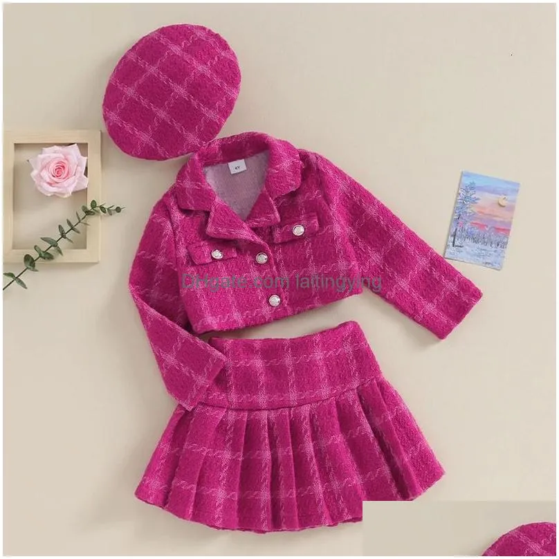 family matching outfits 4 7y fashion kids girls autumn clothes sets 3pcs baby long sleeve button coat pleated plaid skirt hat children warm