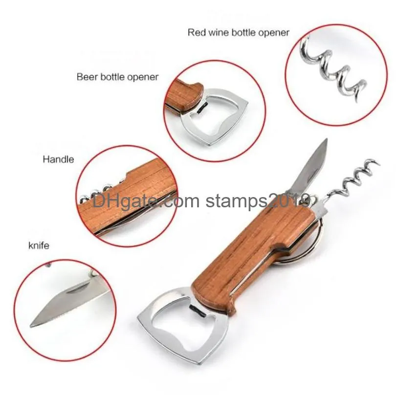 openers wooden handle bottle opener keychain knife pulltap double hinged corkscrew stainless steel key ring opening tools bar bc
