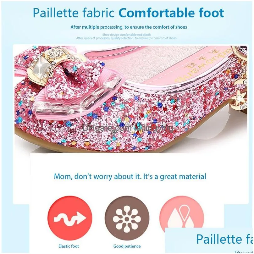 girls small high heeled leather shoes princess kids flower casual glitter sequined upper bow decoration children s dance 220525