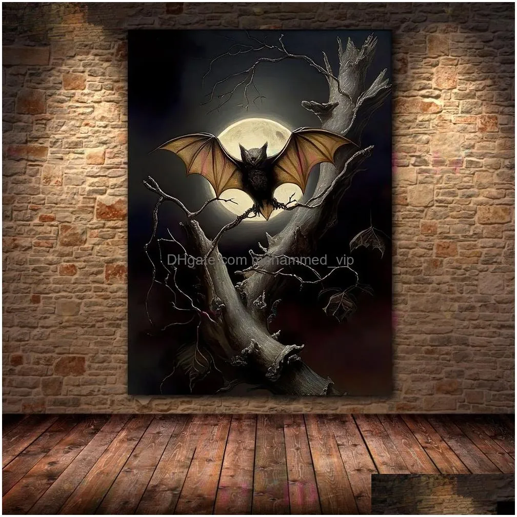 paintings bat black cat witch antique owl raven wall art canvas painting dark witchy halloween gothic vintage art poster print home decor