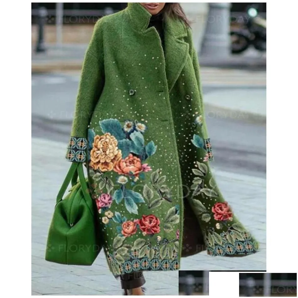 womens wool blends elegant autumn street lady long cardigan coats fashion floral print pocket longsleeve jacket winter women blen