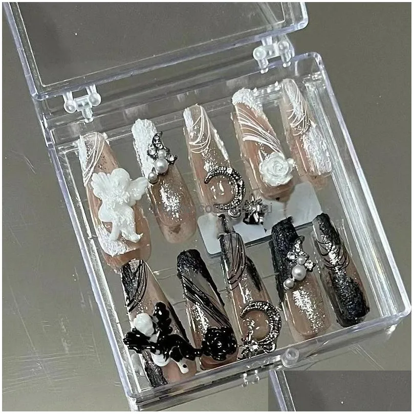 handmade y2k punk style long coffin false nails tips glitter rhinestone press on nails reusable short fake nail with glue gift 231227