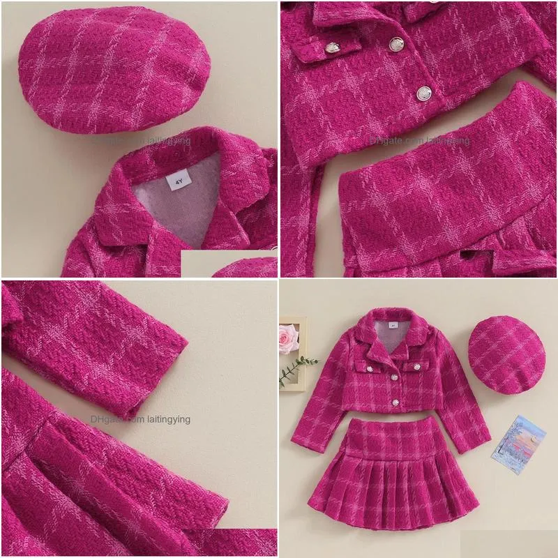 family matching outfits 4 7y fashion kids girls autumn clothes sets 3pcs baby long sleeve button coat pleated plaid skirt hat children warm