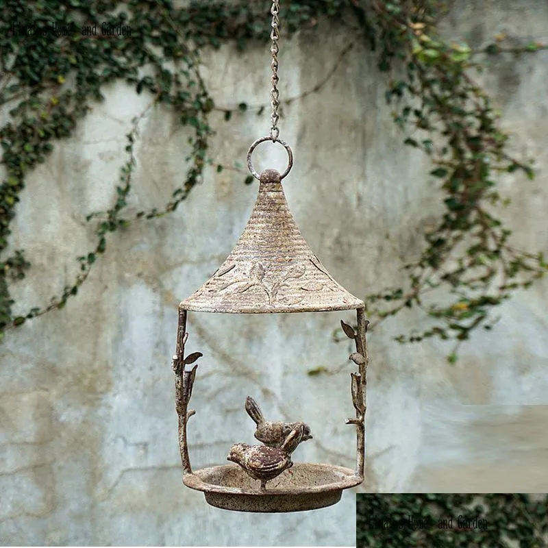 garden decorations decor rustic vintage country handmade metal hang bird water feeder tray 230715