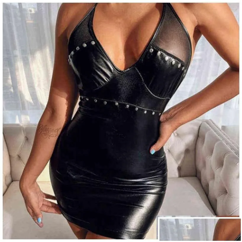 basic casual dresses latex erotic dress lingerie women y faux leather bandage bodysuit nightgown club mini y220510 drop delivery ap