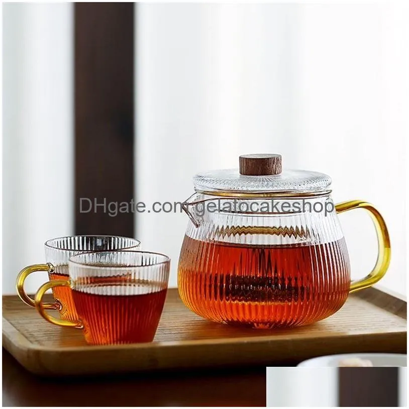 glass teapot duckbill vertical pattern heat resistant pot with filter handle kettle coffee jug 210621