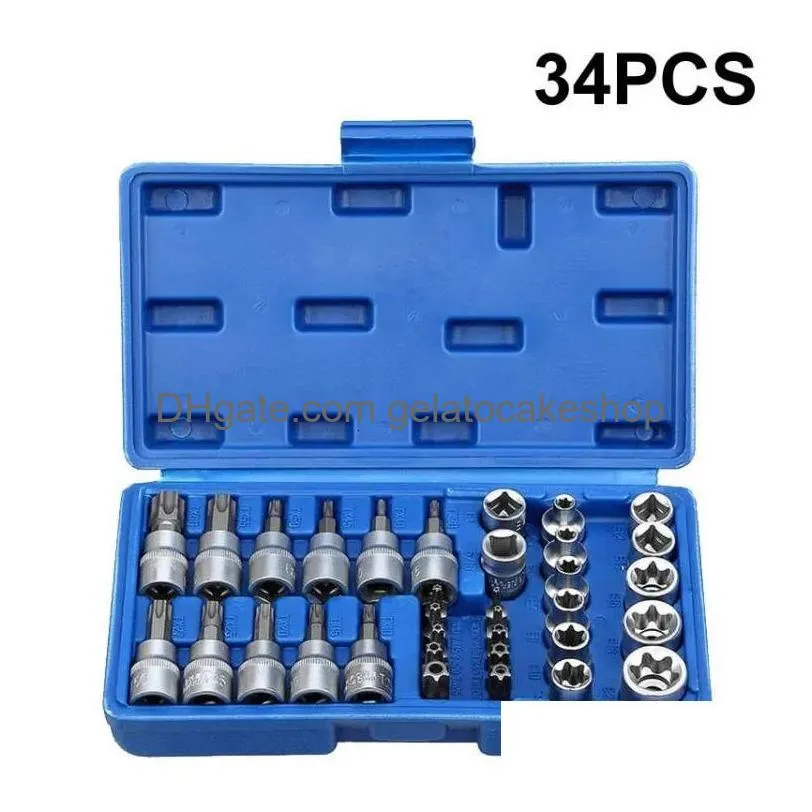 other hand tools 34 pieces torx bit socket and e torx star set 1 4 3 8 1 2 drive male female e torx security bits handheld tool