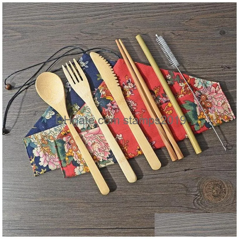 6 pcs/set bamboo flatware portable easy carrying dinnerware set bamboo straw cutlery set with bag and brush outdoor camping bh2302 cy