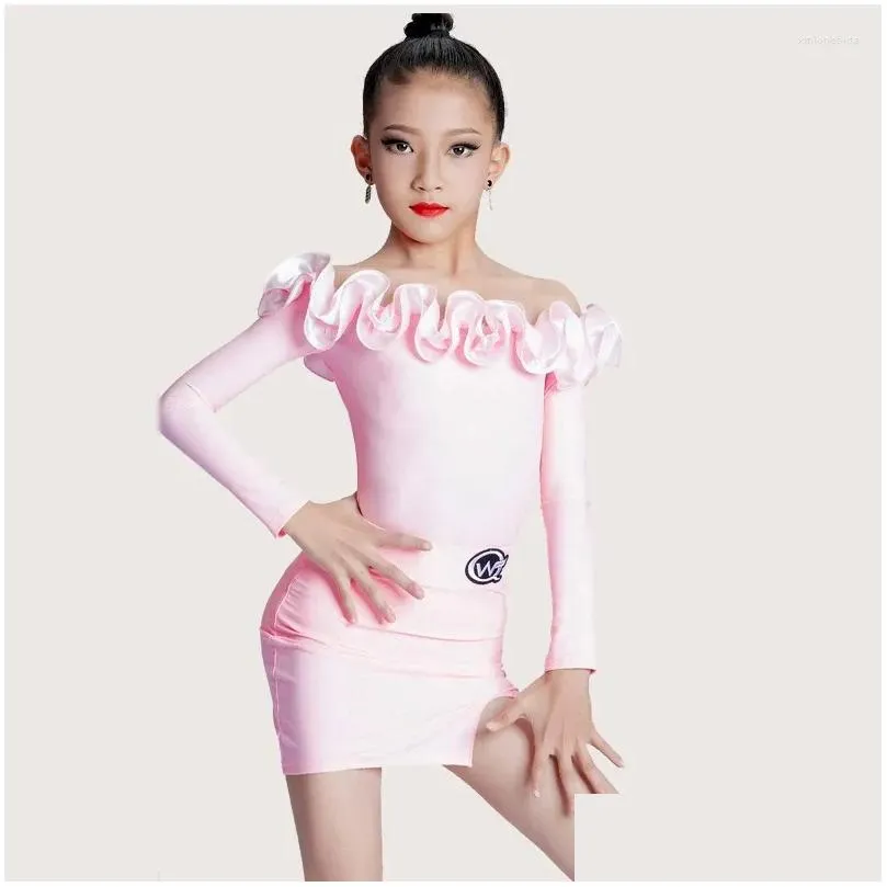 stage wear pink latin dance dress girls chacha competition costume off-shoulder bodysuit skirt tango salsa dancing practice dl10124