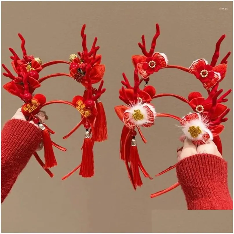 hair accessories dragon horn 2024 happy year headband tassel hairpin red bow chinese style hairband