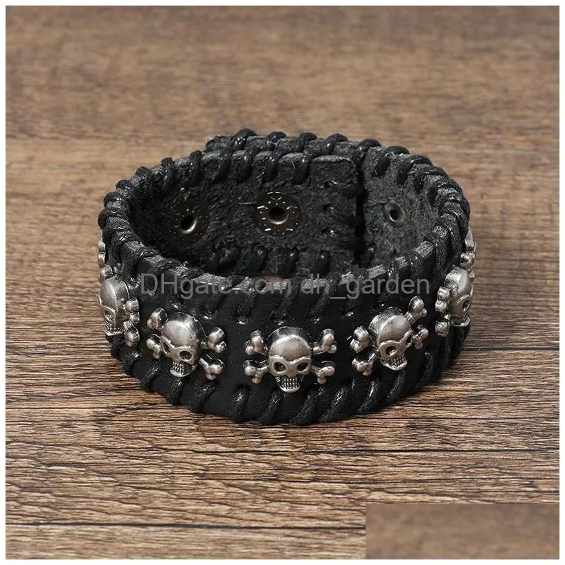 punk knit skull bracelets leather bangle cuff button adjustable multilayer wrap bracelet wristand for men women will and sandy fashion