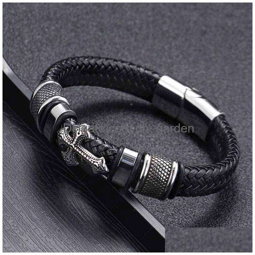 leather woven cross mens bracelet stainless steel button mens hip hop bracelets wristband bangle cuff fashion jewelry gift