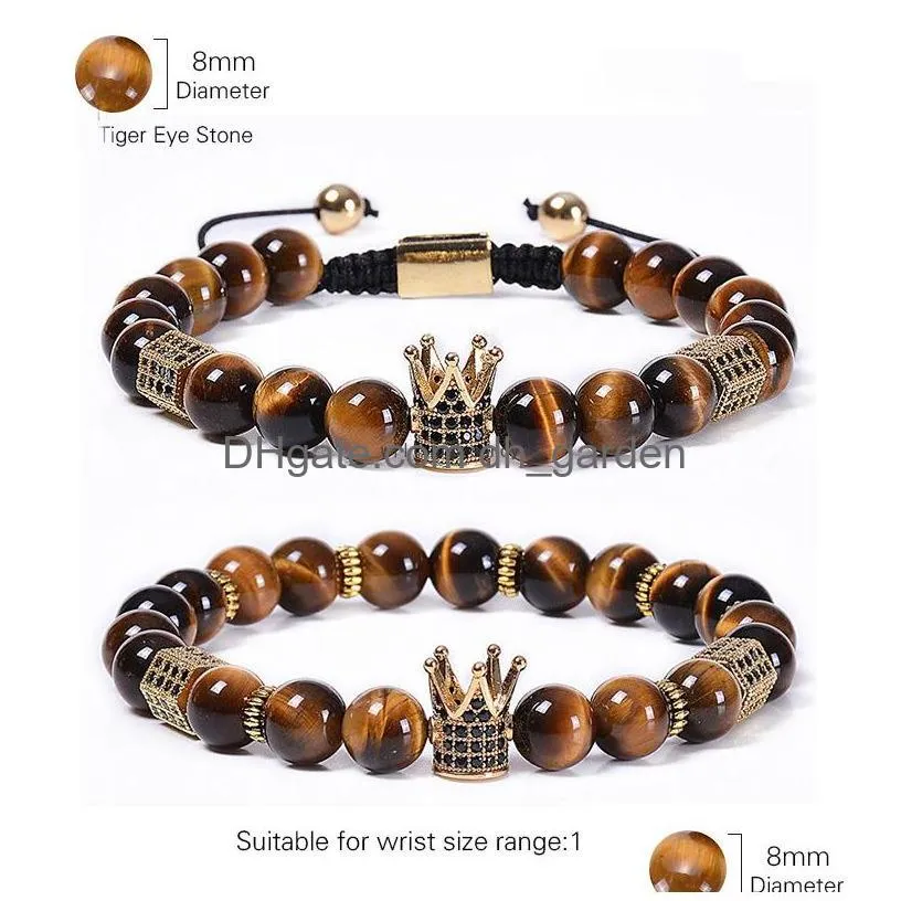 tiger eye crown bracelet natural stone copper micro-inlaid zircon diamond braided bead bracelets women men fashion jewelry will and