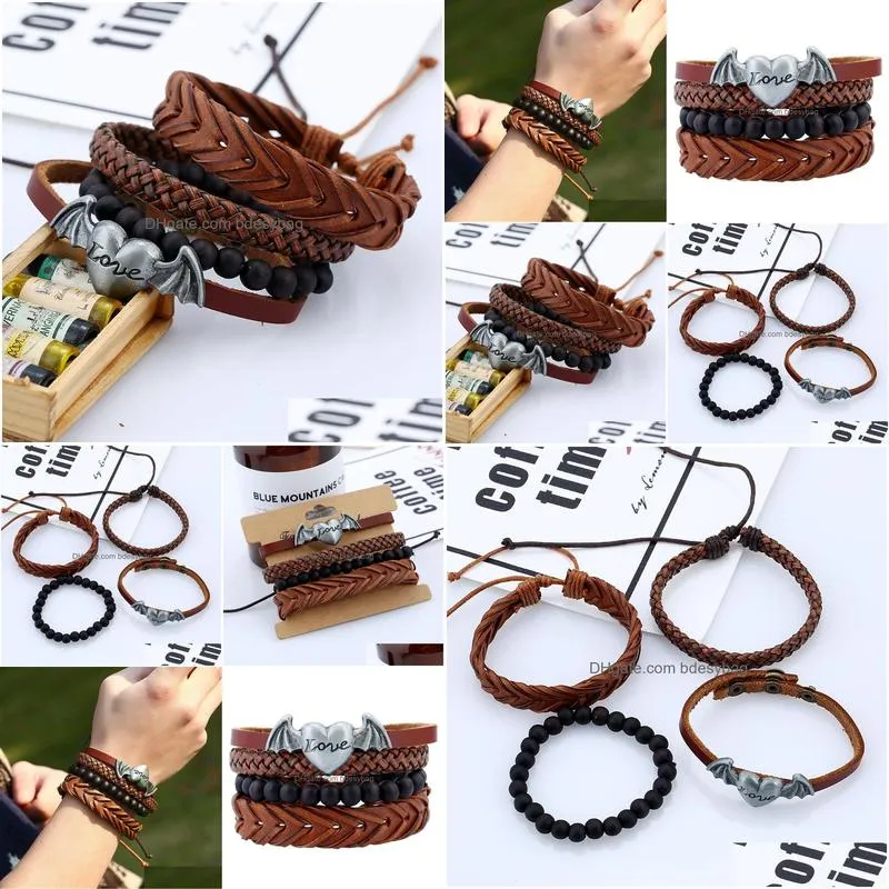 men punk metal love heart wings charm bracelets diy handmade braided leather multilayer chains bracelet maxi statement fashion jewelry drop