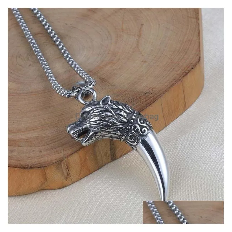 ancient silver head wolf tooth pendant necklaces stainless steel chain necklace women men hiphop fashion fine jewelry