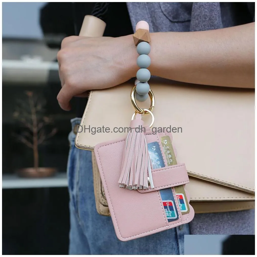 leather card bag tassel charm bracelets silicone bead wristband cuff wallet keychain for women fashion