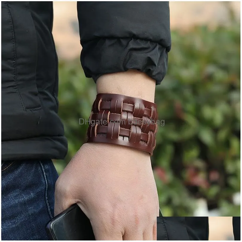 knit motorcycle wide cross leather bangle cuff multilayer wrap button adjustable bracelet wristand for men women fashion jewelry
