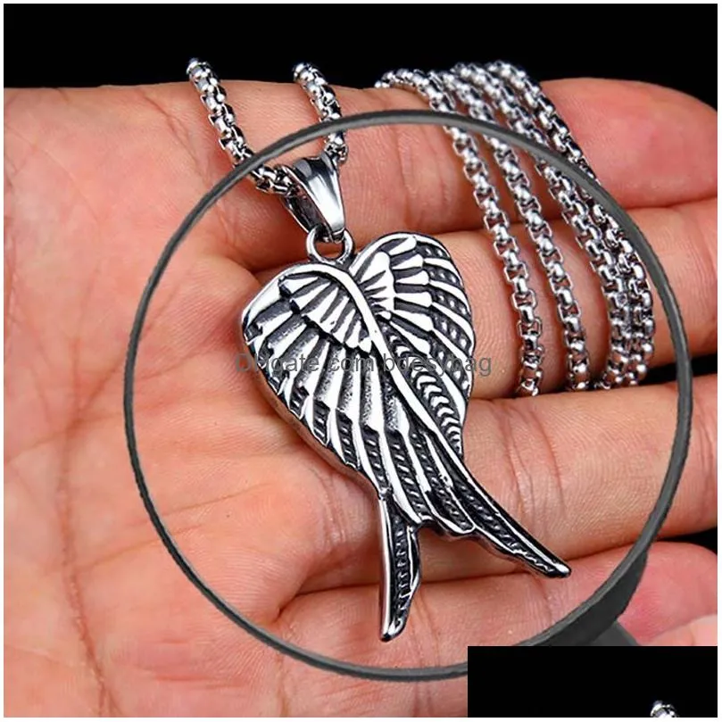 retro ancient silver angel wing necklace pendant stainless steel necklaces chain for women men street hip hop fine fashion jewelry
