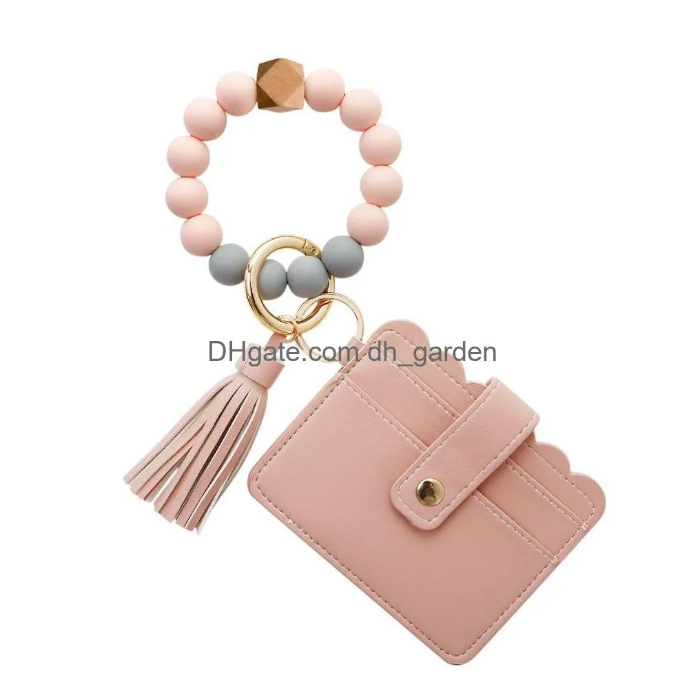 leather card bag tassel charm bracelets silicone bead wristband cuff wallet keychain for women fashion