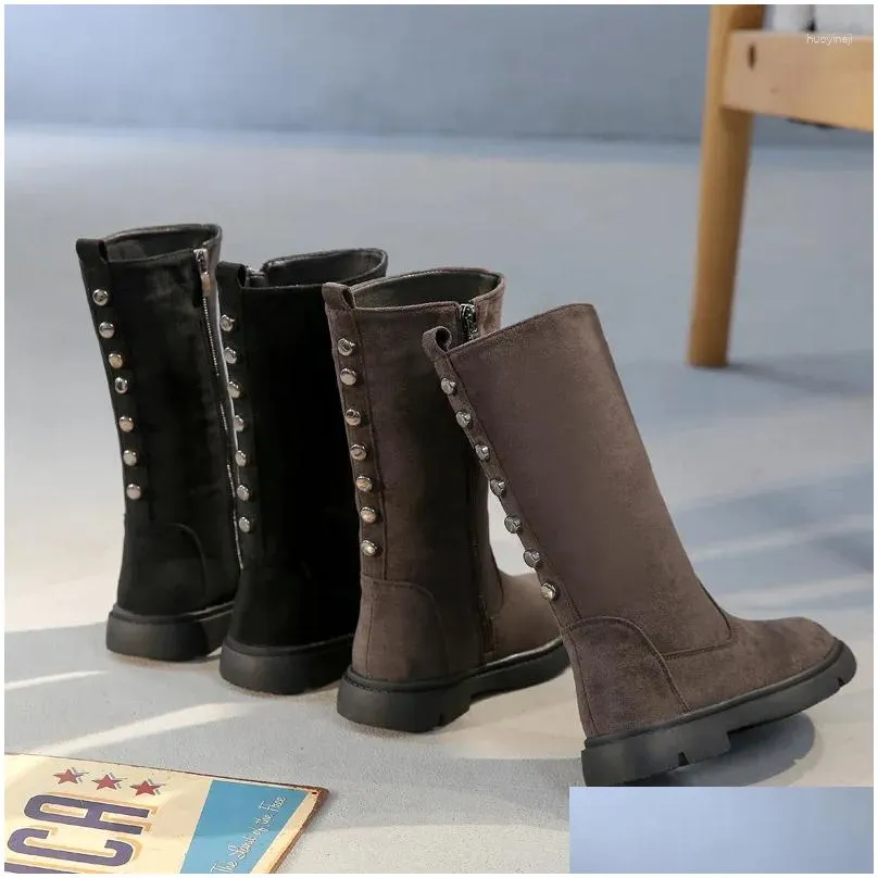 boots fashion rivet children`s winter shoes little big girl 2024 princess long warm snow suede leather high 3 4 8 12 years old