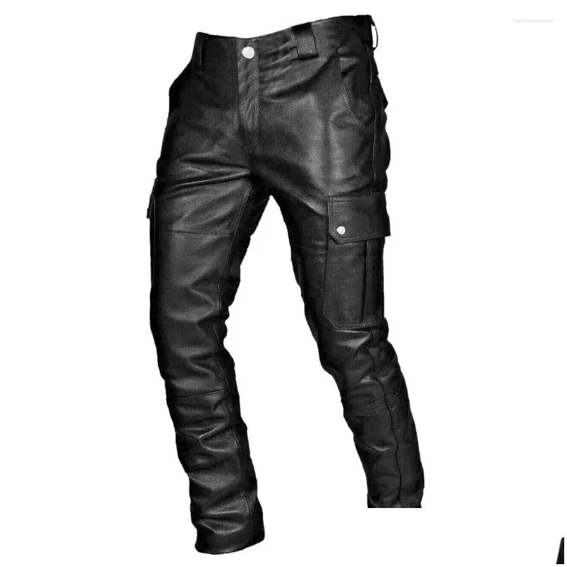 mens pants fashion motorcycle men faux leather wide leg button large pocket solid color casual trousers handsome male clothing