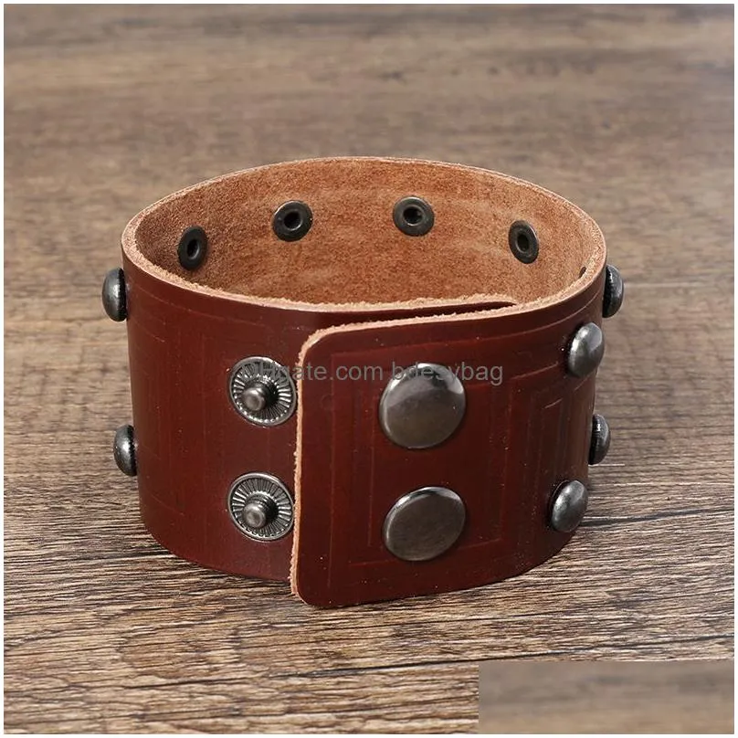 motorcycle rivet wide leather bangle cuff wrap button adjustable bracelet wristand for men women fashion jewelry