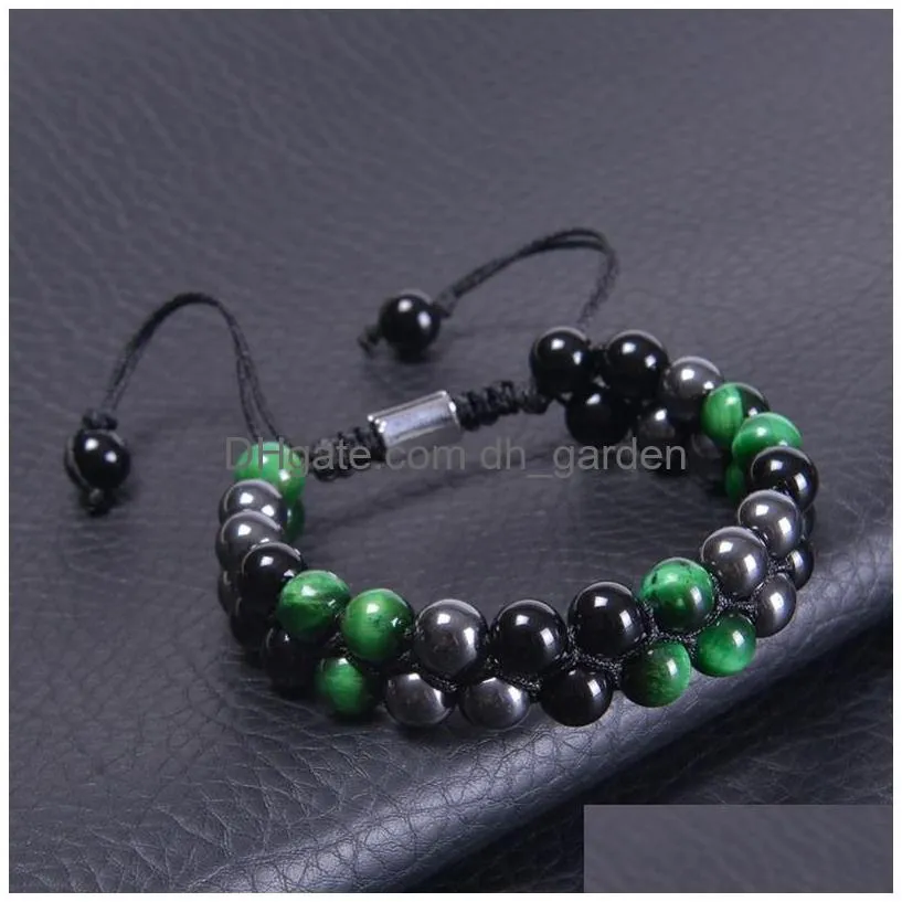 braided 8mm black onyx hematite green tiger eye natural stone bracelet double woven adjustable gemstone beaded bracelets wristband men women