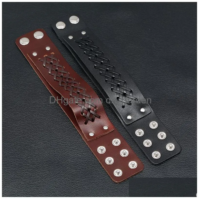 weave lace bandage diamond leather bangle cuff multilayer wrap button adjustable bracelet wristand for men women fashion jewelry