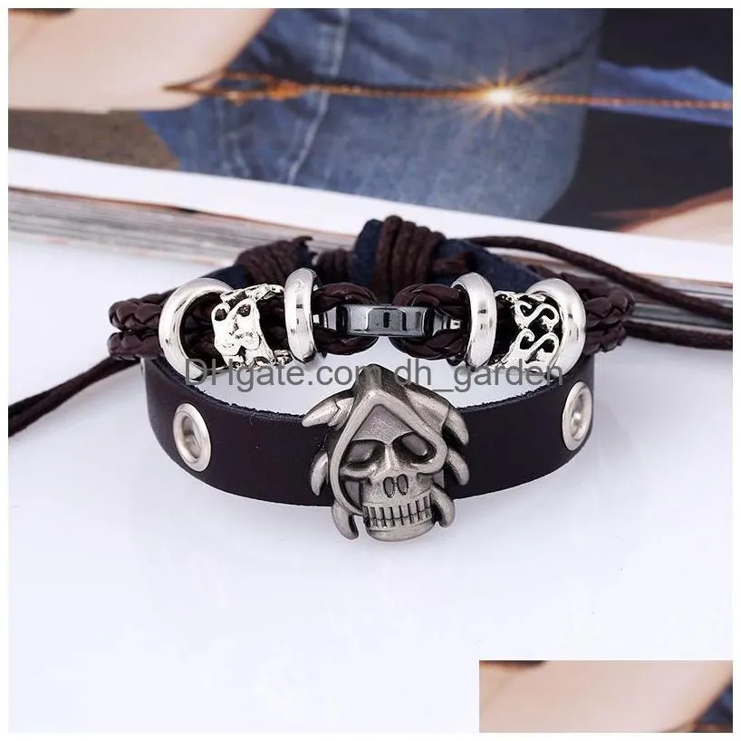 skull charm bracelet leather multilayer wrap bracelets bangle cuff wristband men punk fashion jewelry
