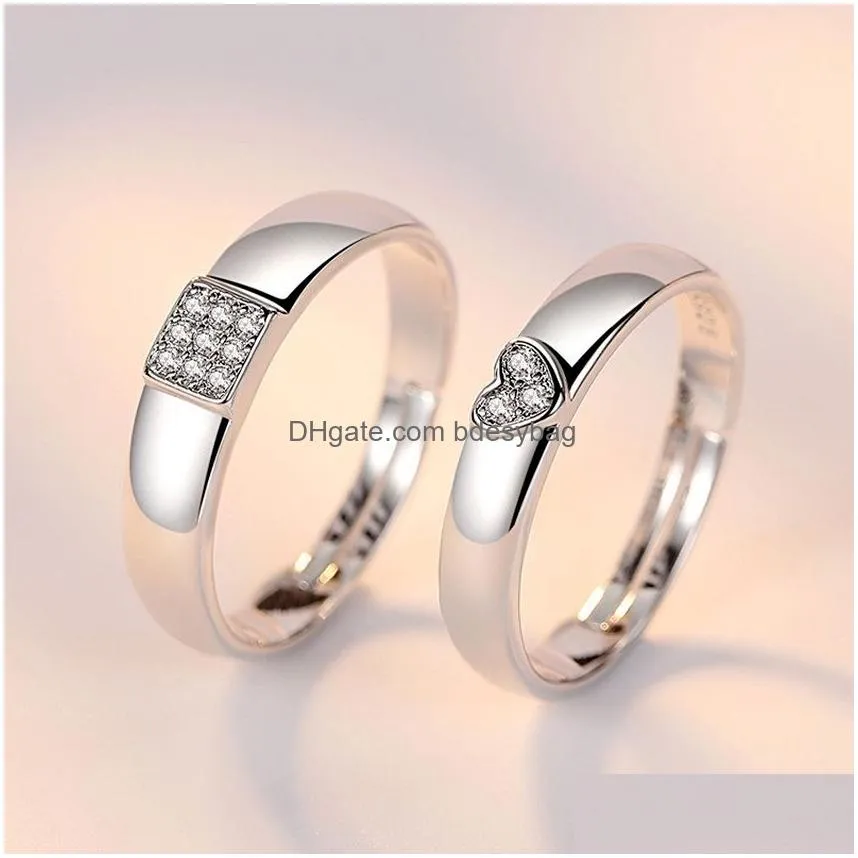 couple square heart diamond cluster rings crystal silver openable adjustable engagement wedding ring for wome men fashion jewelry