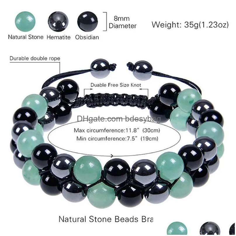 6mm 8mm green aventurine hematite obsidian double layer hand braided bracelet natural stone crystal couple adjustable bracelet