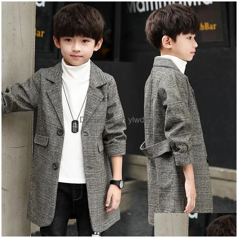 coat winter grid jackets boys woolen singlebreasted baby trench lapel autumn kids outerwear coats spring wool overcoat p05 230926