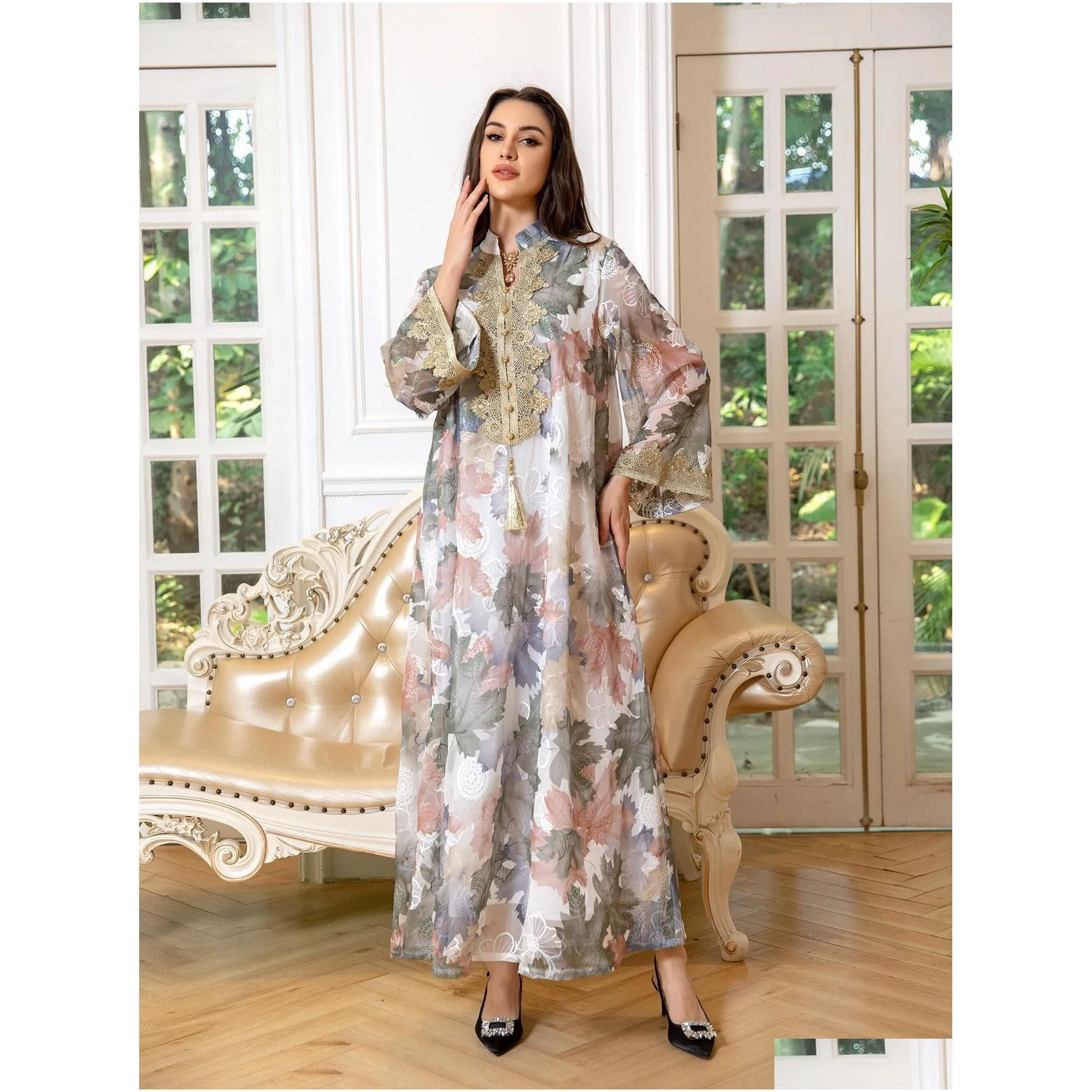 2024 spring modest floral printed arabian dubai dresses middle eastern women muslim robe long sleeve lace applique modest evening dress arabic gown for