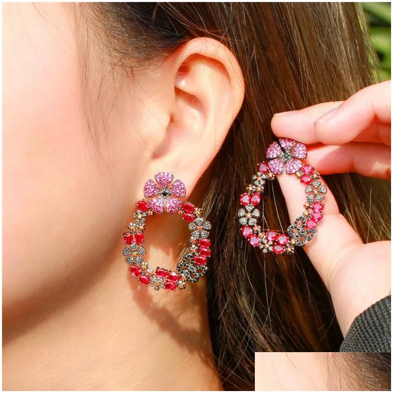 exquisite lady crystal flower diamond earring designer for woman dancing party red aaa cubic zirconia copper luxury noble womens wedding earrings jewelry