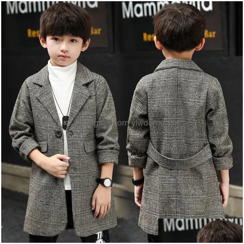 coat winter grid jackets boys woolen singlebreasted baby trench lapel autumn kids outerwear coats spring wool overcoat p05 230926