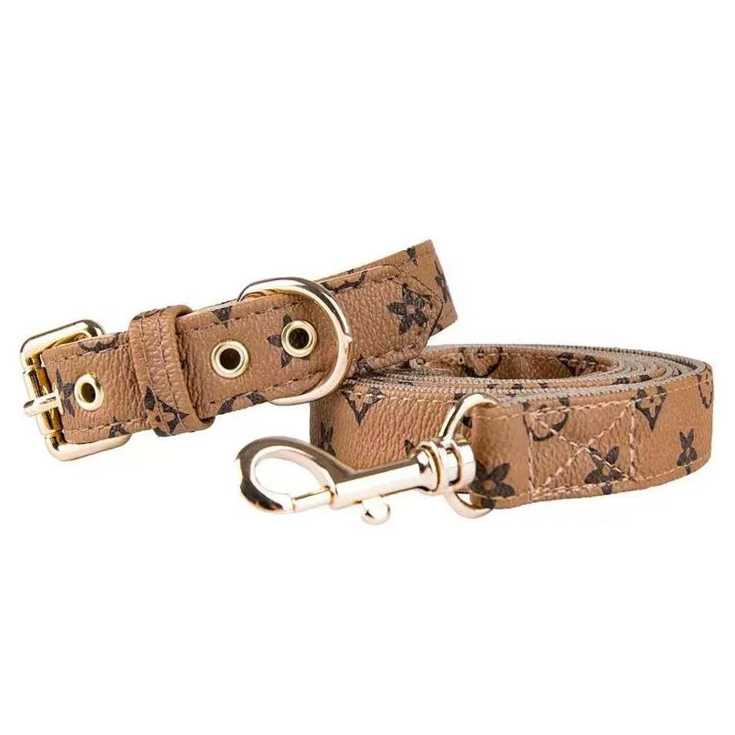 collar two layers of leather dog collars leashes set classic printed designer pet collar leash soft durable cat collar for small medium and large