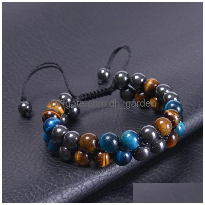 10mm blue tiger eye stone bracelet double layer beaded braided adjustable hematite magnet bracelets wristband cuff for men jewelry