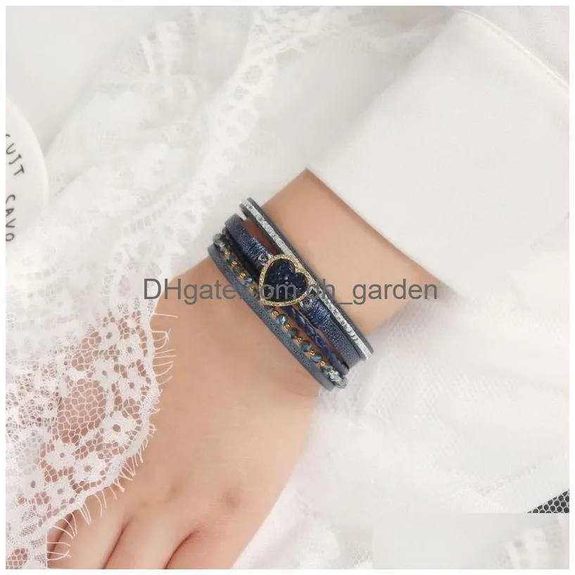 woman girls crystal heart hand woven leather bracelet with magnet buckle multilayer leather bracelets jewelry