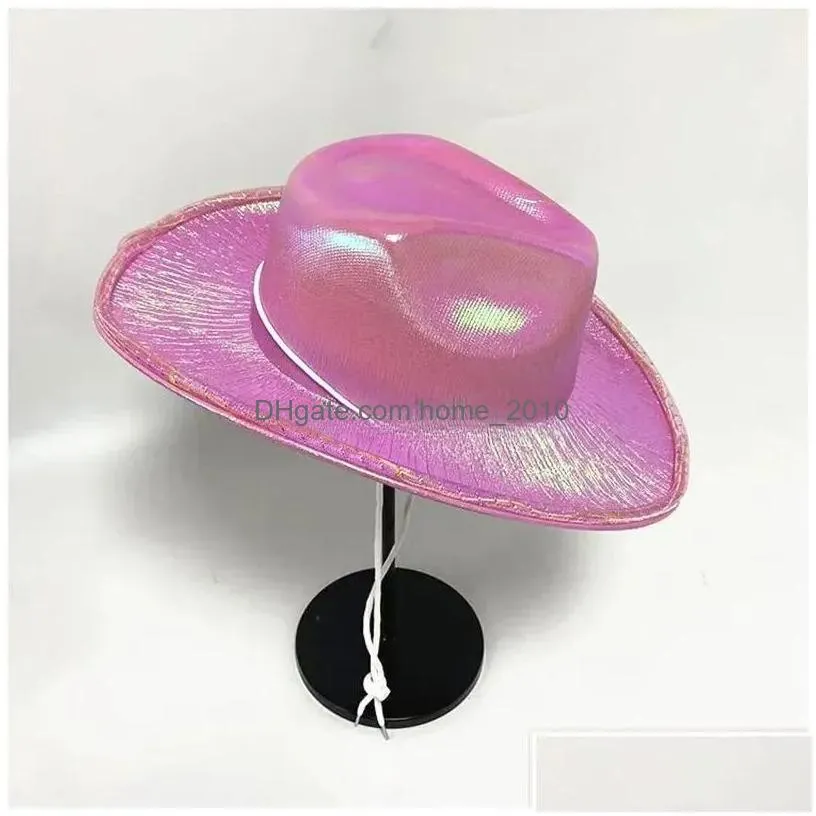 led white light up  neon cowgirl hat holographic rave fluorescent with adjustable windproof cord for halloween costum d m party
