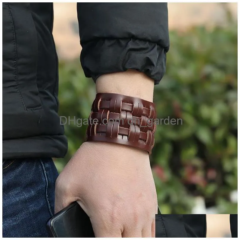 motorcycle wide weave cross leather bangle cuff multilayer wrap button adjustable bracelet wristand for men women fashion jewelry