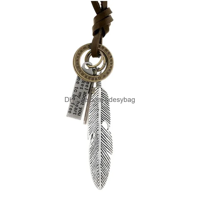 old bird feather pendant necklace ancient letter id cross charm adjustable chain leather necklaces for women men fashion jewelry gift