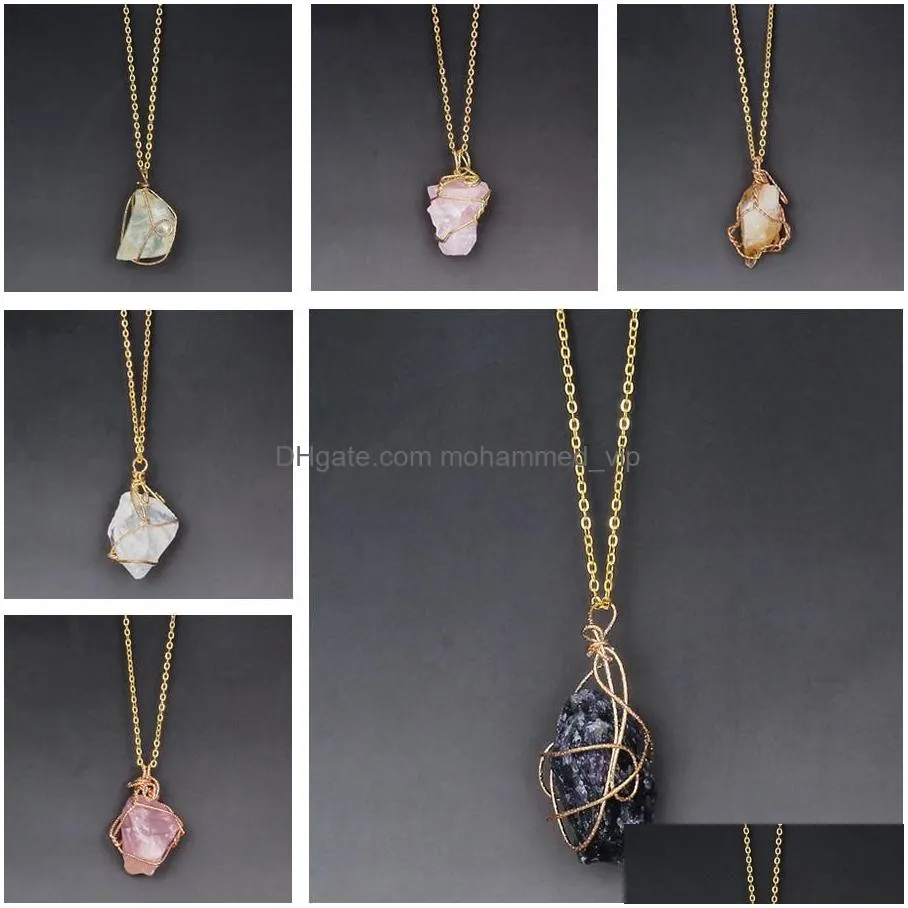 pretty necklaces gold chain wire wrapped punk irregular natural stone necklace jewelry rose quartz healing crystals pendant necklace