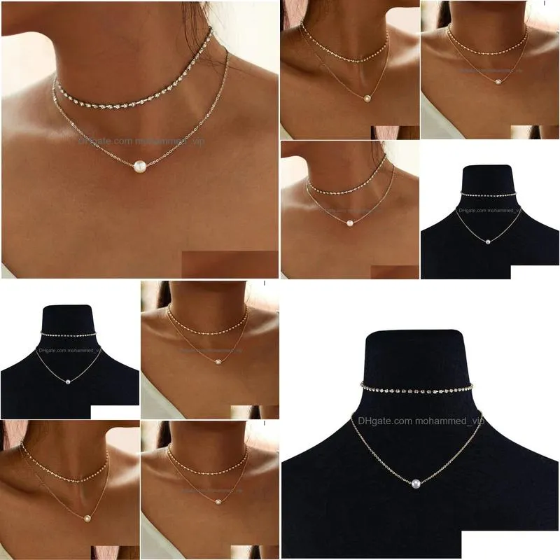 trend fashion pearl choker 14k yellow gold necklaces cute double layer chain pendant for women jewelry girl gift wholesale