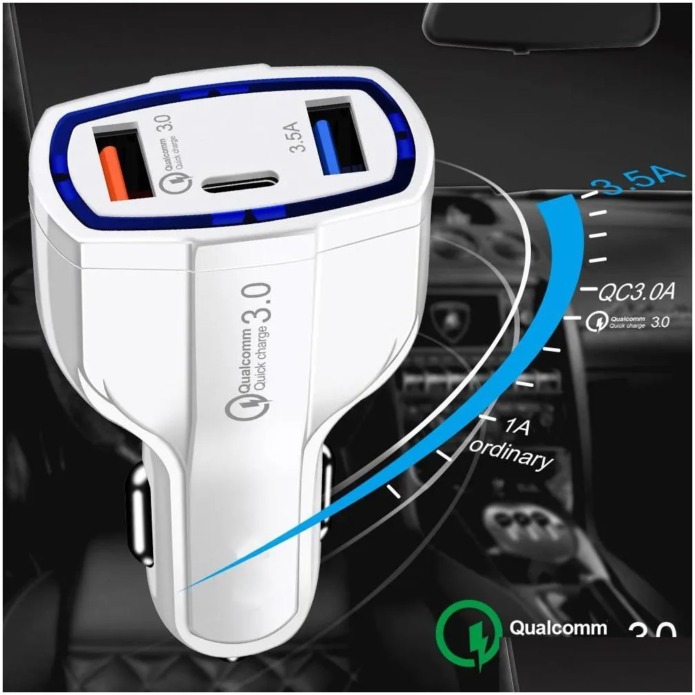 3 in 1 usb c car  fast charging type qc 3.0 pd usb-c 7a chargers phone adapter for iphone 13 12 11 pro max x 8 7 plus and samsung s22 s21 s20 note