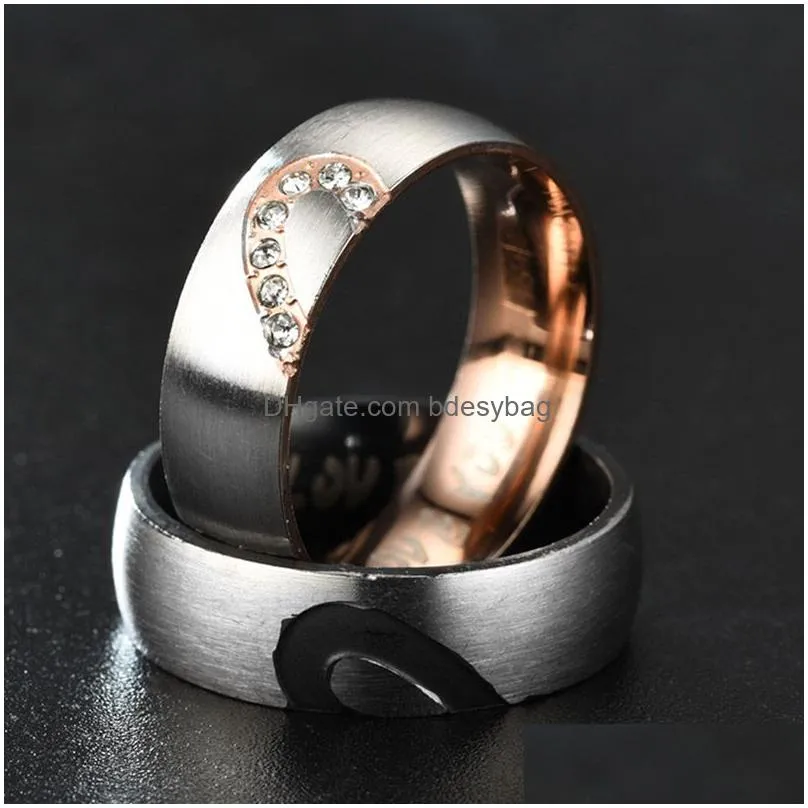 stainless steel i love you ring band diamond half heart couple rings engagement wedding women mens fashion jewelry will and sandy drop