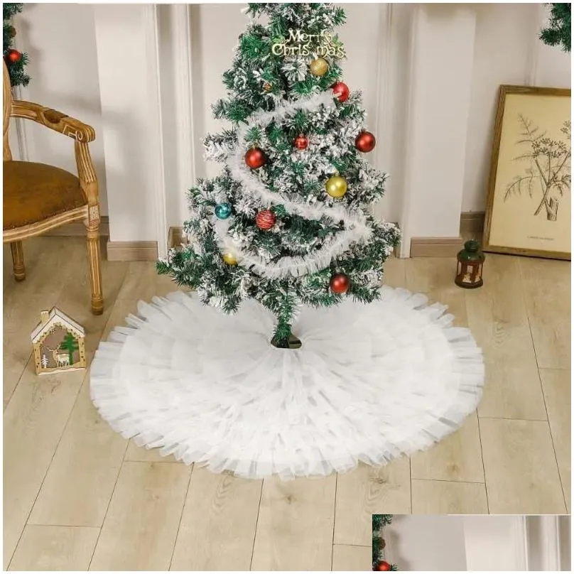 christmas decorations durable tree skirt white tulle elegant round pleated decoration for holiday indoor party supplies