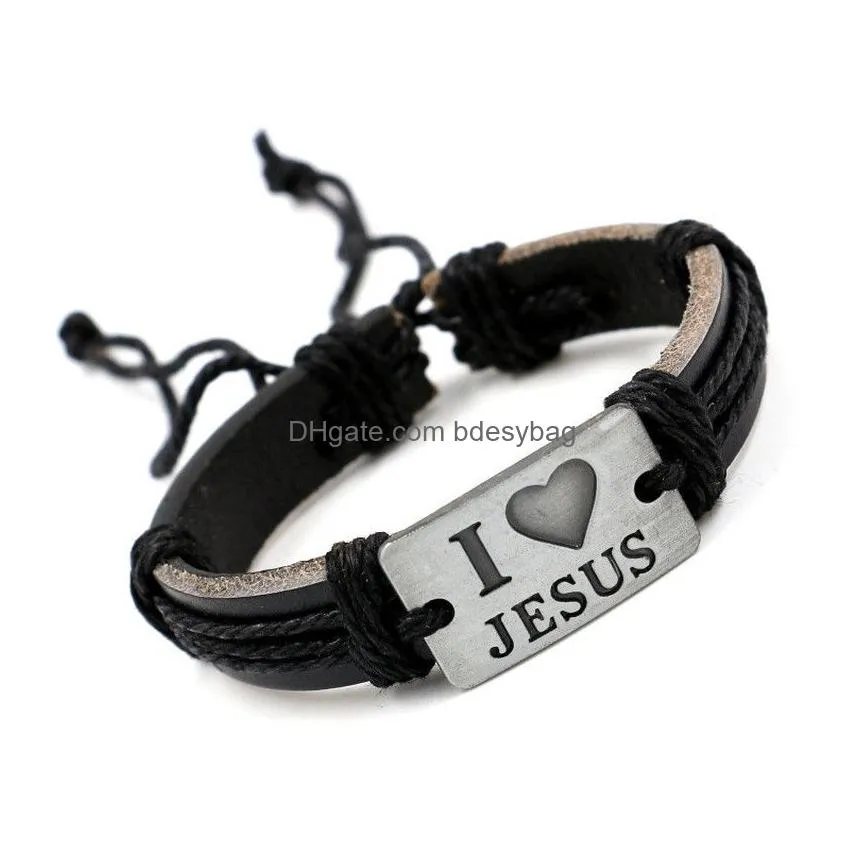 adjustable letter id leather rope bracelet bangle cuff wristband i love jesus bracelets for men women fashion jewelry