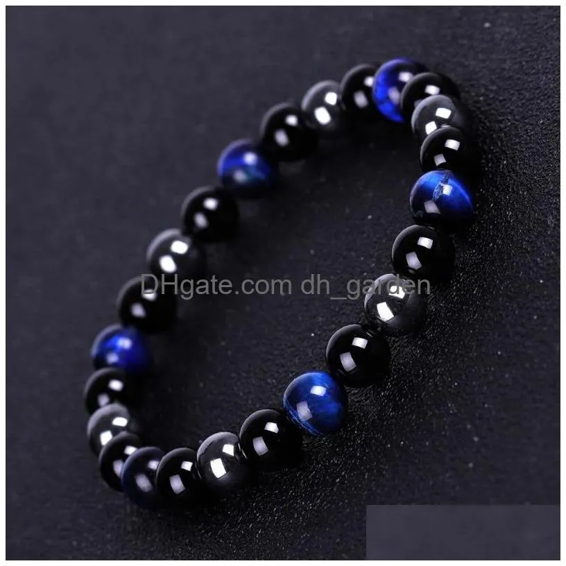 strand three-color hematite tiger eye black onyx bracelet natural stone bead bracelets wristband for men women fashion jewelry